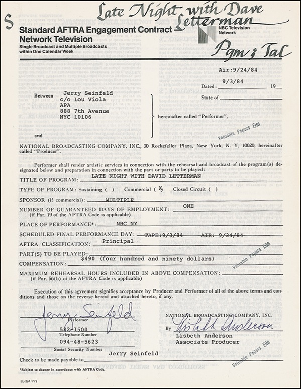 Lot 1064 Jerry Seinfeld Signed Document