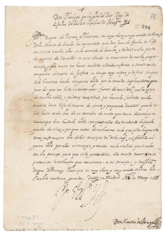 Lot 267 Phillip II: 1588: Philip seeks a pension for a widow months before the history-changing defeat of the Spanish Armada