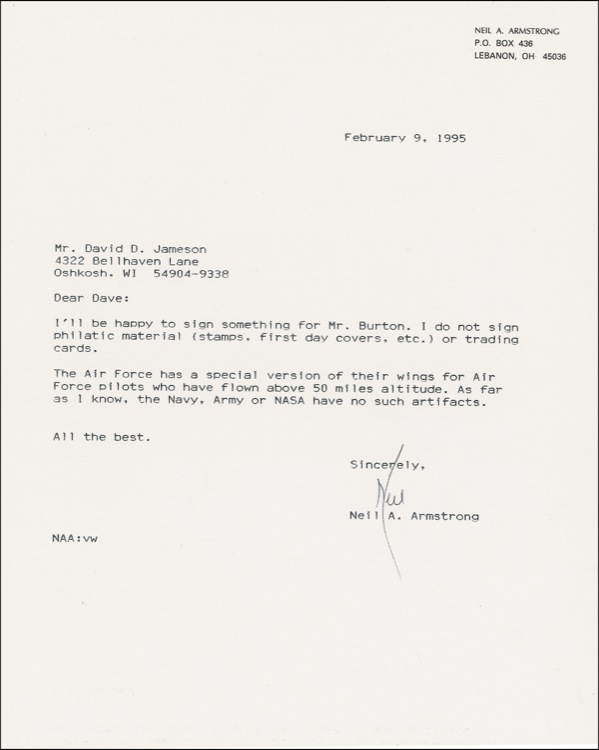 Lot 408 Neil Armstrong: Space shocker: “I’ll be happy to sign something”