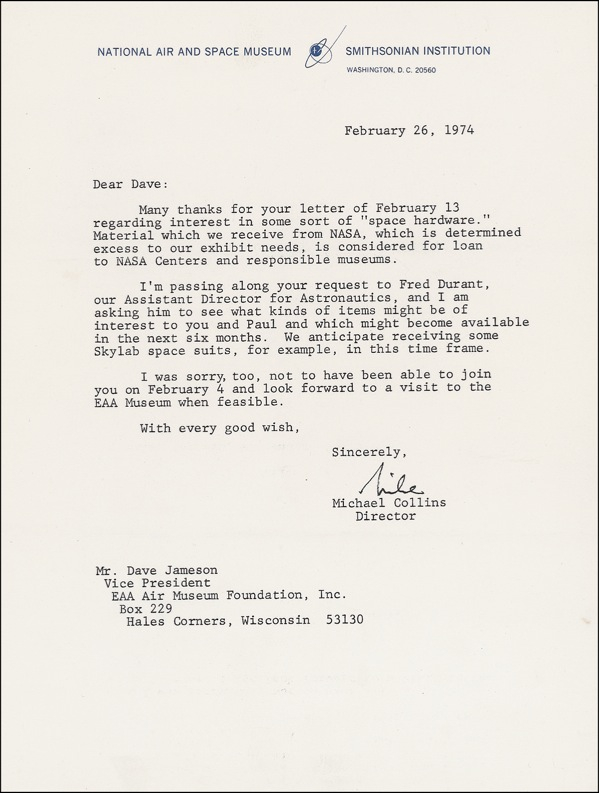 Lot 426 Michael Collins: Space swag: ?Material which we receive from NASA ... is considered for loan to ... responsible museums?