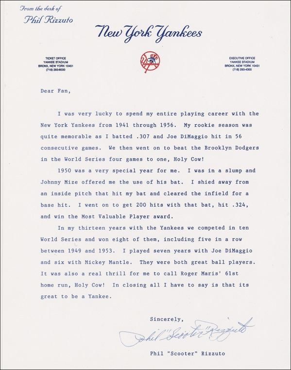 Lot 1378 Phil Rizzuto Typed Letter Signed
