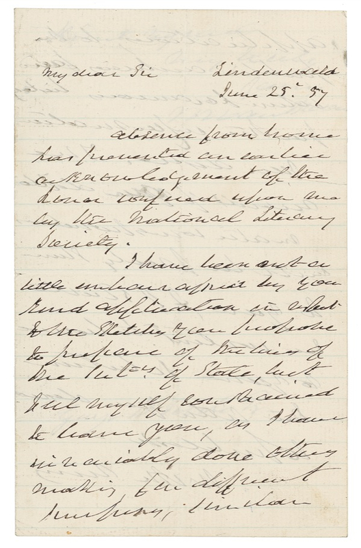 Lot 156 Martin Van Buren: Van Buren writes of ?the honor conferred upon me by the National Literary Society.?