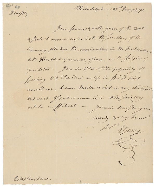 Lot 195 Declaration of Independence: Gerry, Elbridge: ?Doubtful of the propriety of speaking to the President?