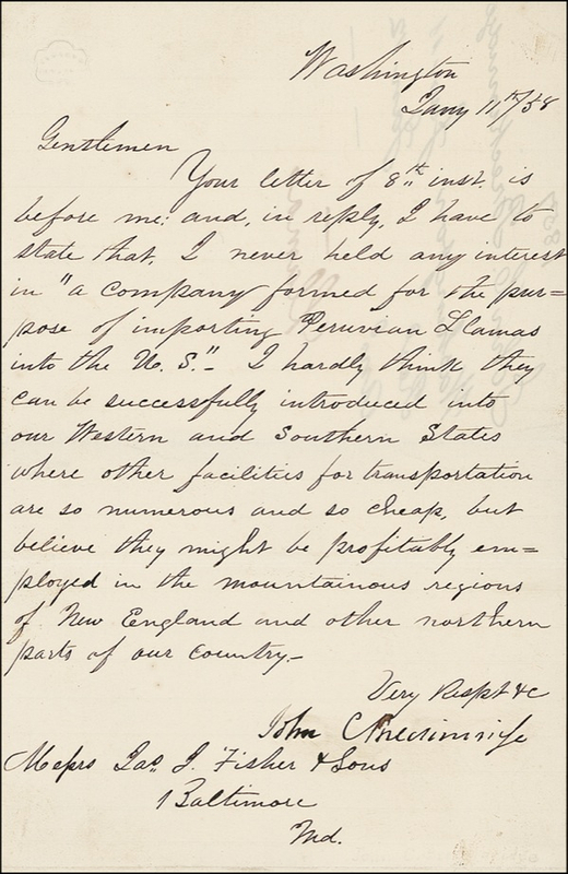 Lot 174 John C. Breckinridge: Writing as vice president on a four-legged “import”