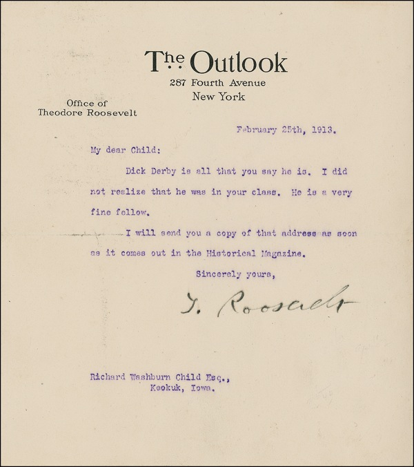 Lot 132 Theodore Roosevelt: Writing of his future son-in-law