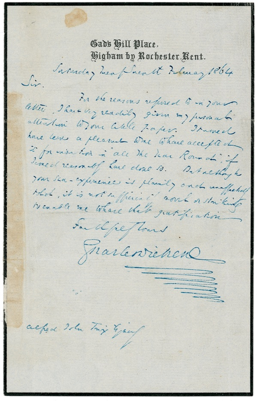 Lot 486 Charles Dickens: “Not sufficiently novel or striking”: Dickens the editor politely rejects a hopeful contributor’s “sea-experience”