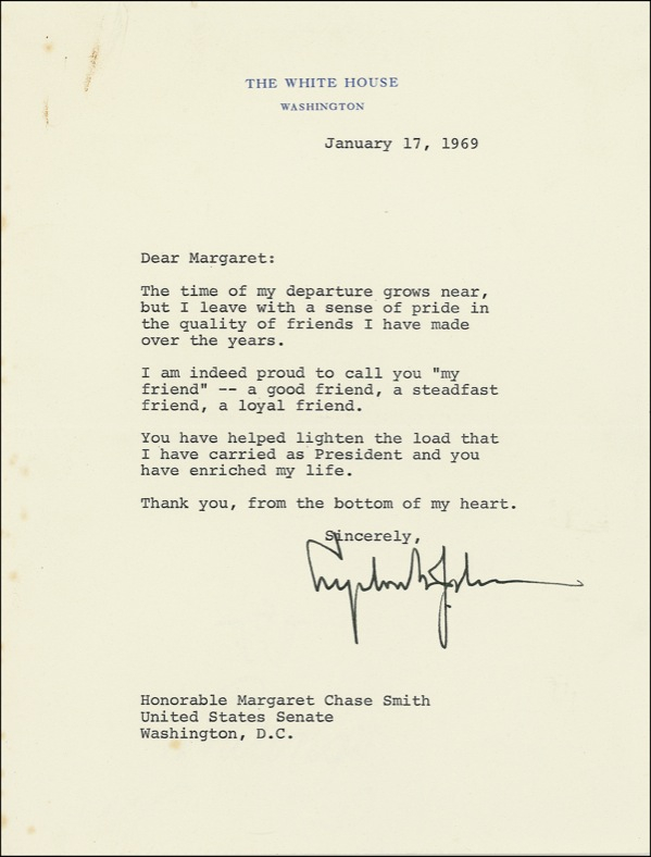 Lot 79 Lyndon B. Johnson: LBJ wishes a fond farewell to a history-making senator: “You have helped lighten the load that I have carried as President”