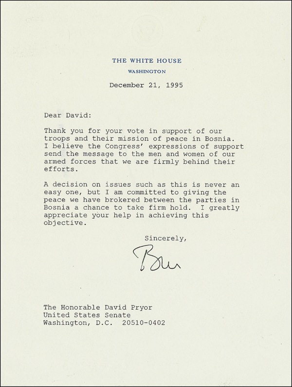 Lot 28 Bill Clinton: “Committed to giving the peace we have brokered ... in Bosnia a chance to take firm hold”