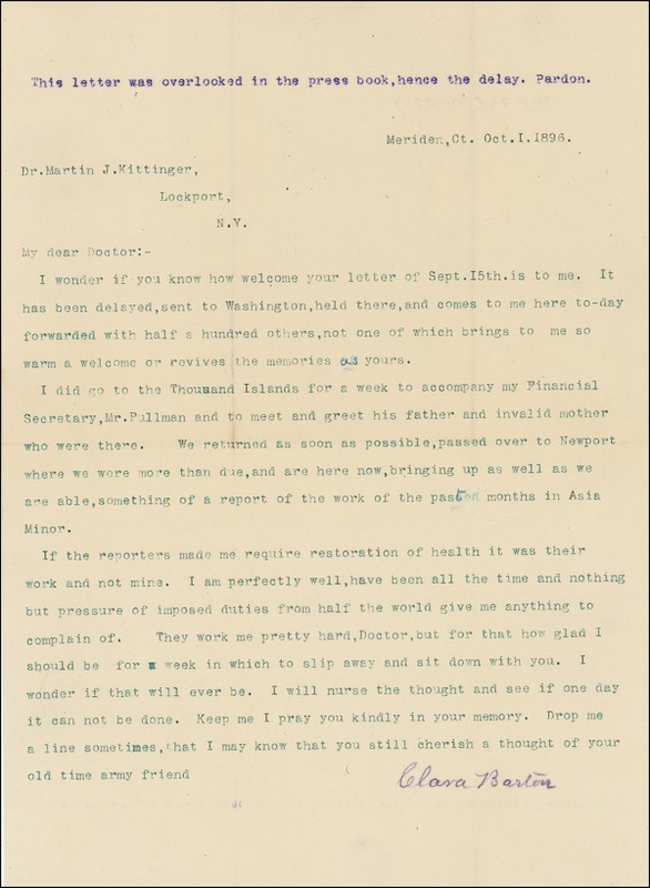 Lot 168 Clara Barton: “Your old time army friend”: Barton sends warm greetings to a cherished colleague