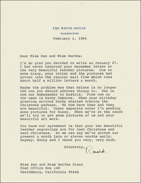 Lot 121 Ronald Reagan: Loyalty: President Reagan writes to two sisters who befriended him as governor