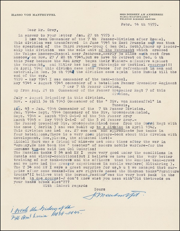 Lot 348 Hasso von Manteuffel Typed Letter Signed