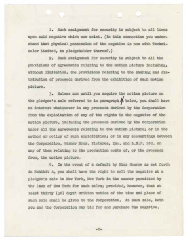 Lot 1020 Marilyn Monroe: “SHOWGIRL”—AND BUSINESSWOMAN: Marilyn puts up a copy of The Prince and the Showgirl as security