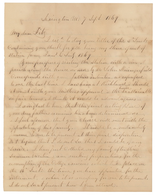 Lot 341 Robert E. Lee: ?YOU ... MUST DO ALL THAT IS NECESSARY & PROPER?: Citing academic responsibilities, LEE sends regrets that he will not attend the burial of his older brother, Commodore Sydney Smith Lee