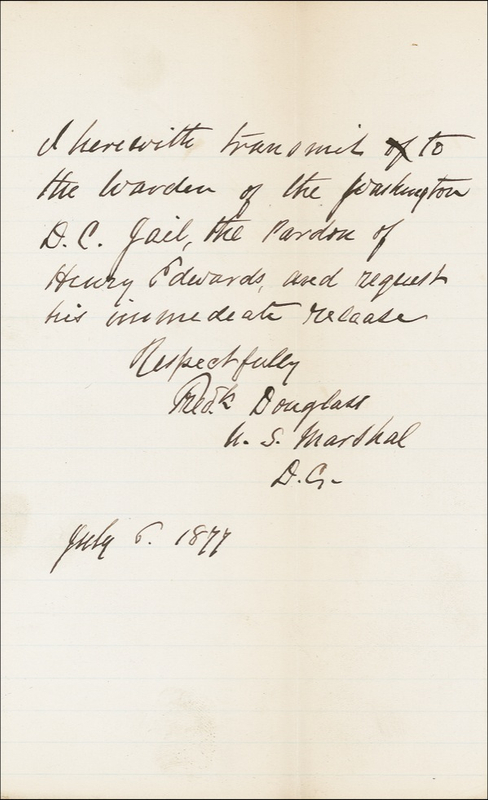 Lot 199 Frederick Douglass: Sending a pardon for the release of a prisoner