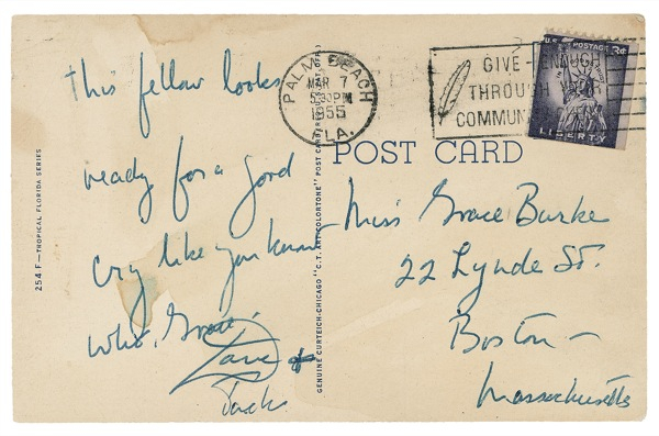 Lot 84 John F. Kennedy: “READY FOR A GOOD CRY”: Young Senator JFK sends a startling racist postcard featuring “A Darky’s Prayer”