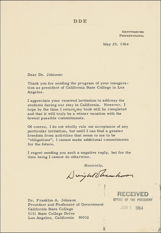 Lot 42 Dwight D. Eisenhower: Declining an invitation: ?I hope ... it will truly be a winter vacation with the fewest possible commitments?