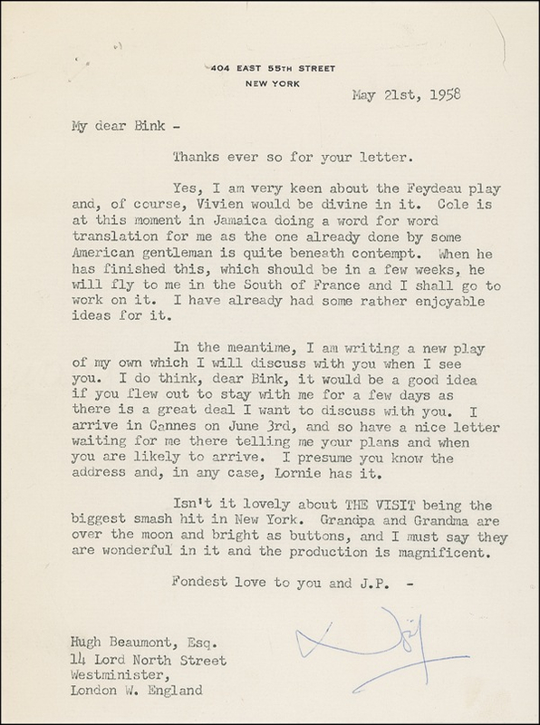 Lot 857 Noel Coward: Name dropper: Coward sends a letter mentioning Leigh, Porter, and the Lunts