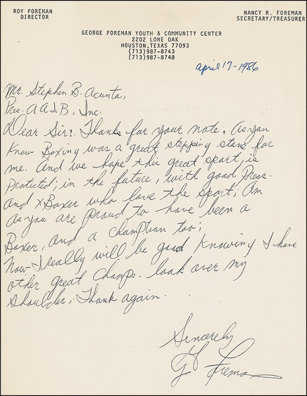 Lot 1217 George Foreman Handwritten Letter Signed