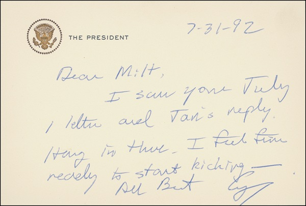 Lot 8 George Bush: ?Ready to start kicking ??: Bush writes to a former major-league pitcher
