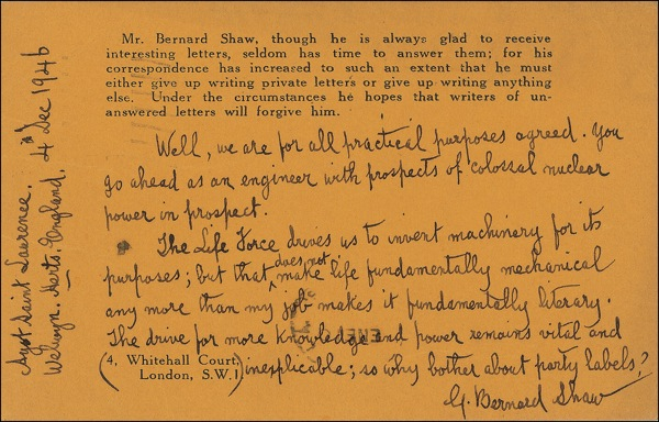 Lot 543 George Bernard Shaw: ?The Life Force drives us to invent machinery for its purposes?: A year after Hiroshima, Shaw writes to an engineer on ?prospects of colossal nuclear power?