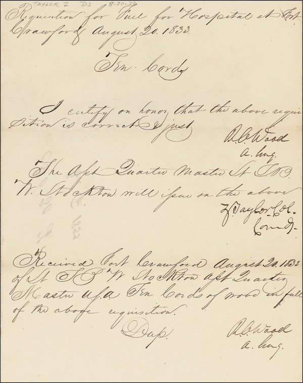 Lot 142 Zachary Taylor: Approving a requisition for fuel for the Fort Crawford hospital