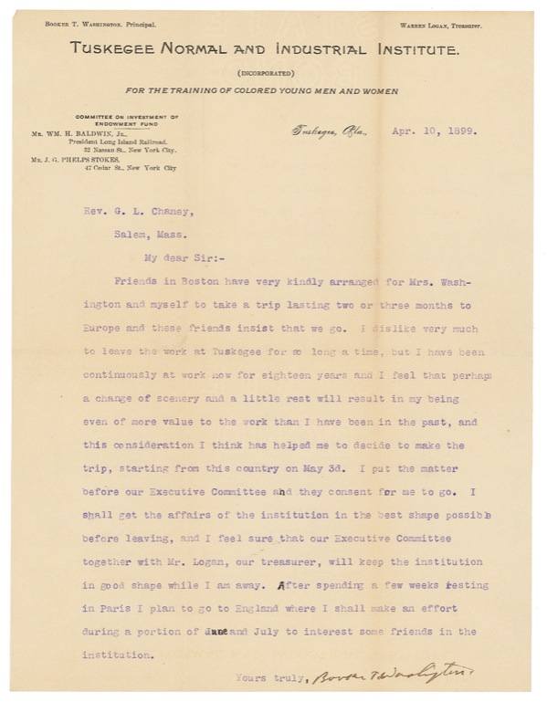 Lot 293 Booker T. Washington: “I have been continuously at work now for eighteen years”: Washington prepares for a well-deserved European sojourn