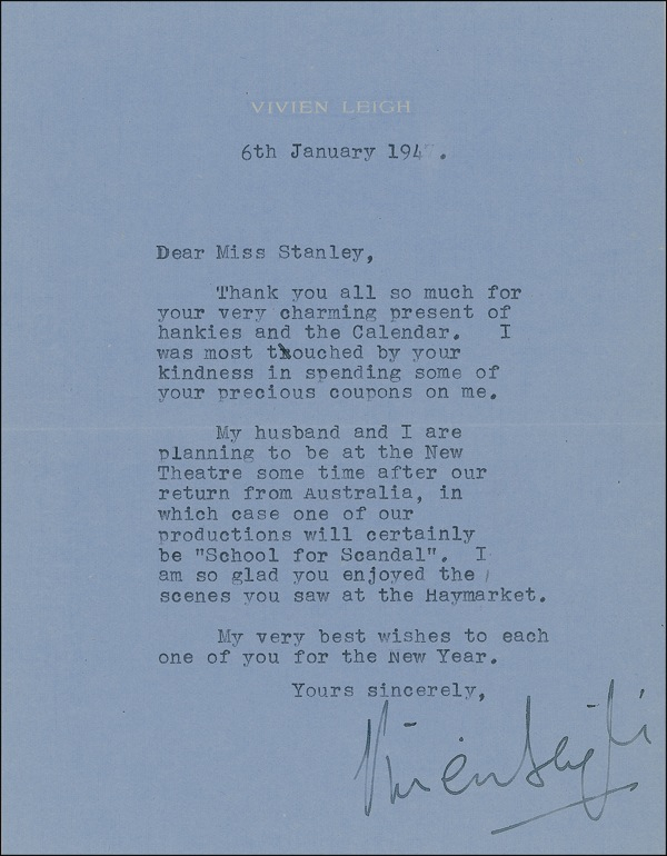 Lot 989 Vivien Leigh: “One of our productions will certainly be ‘School for Scandal’”