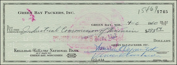 Lot 1281 Vince Lombardi Check