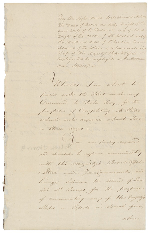 Lot 354 Horatio Nelson: ?ACQUAINTING ANY OF HIS MAJESTY?S SHIPS ... IN SEARCH OF ME?: As tensions ramp up to the Battle of Trafalgar, NELSON sends orders from the fabled HMS Victory