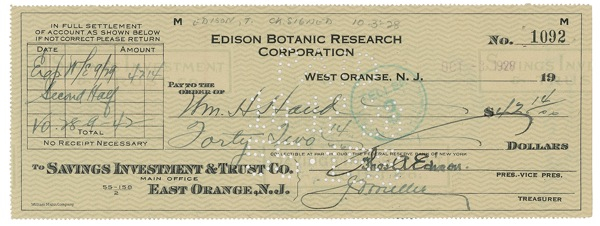 Lot 205 Thomas Edison Check