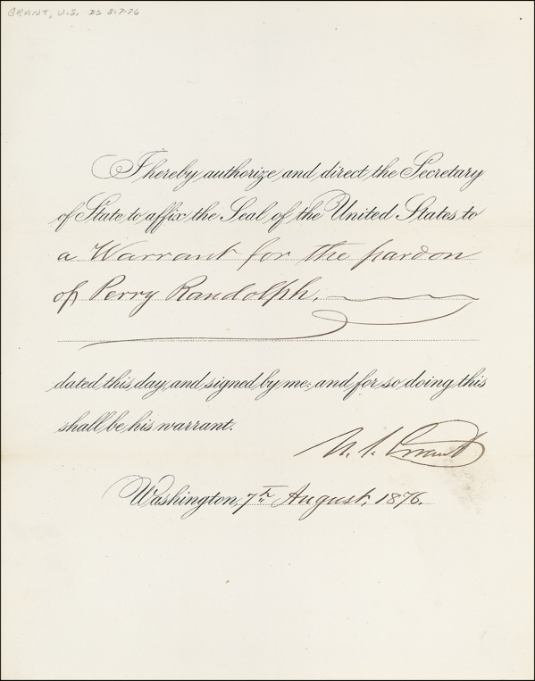 Lot 59 U. S. Grant: Authorizing a presidential pardon