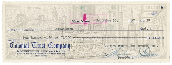 Lot 1019 Marilyn Monroe: Marilyn Monroe Productions check, signed by the president