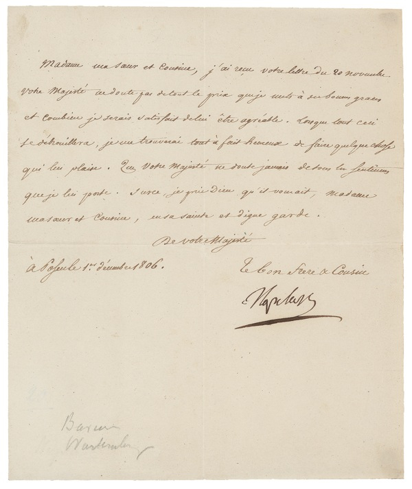 Lot 263 Napoleon: “From your Majesty ... brother and cousin”: 1806 Napoleon LS