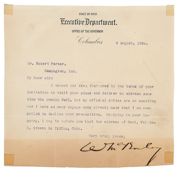 Lot 94 William McKinley Typed Letter Signed
