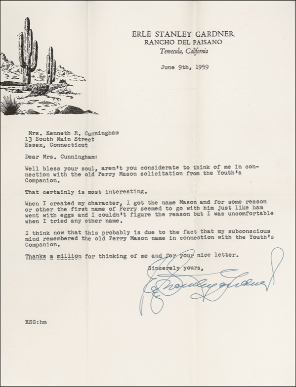 Lot 493 Erle Stanley Gardner: A legal star is born: “The first name of Perry seemed to go with him just like ham went with eggs”