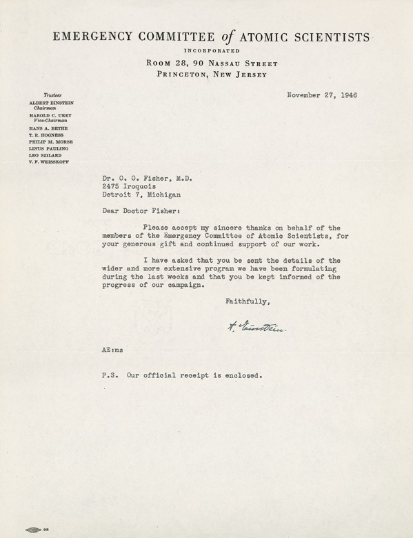 Lot 211 Albert Einstein: Promoting postwar peace: A year after Hiroshima, Einstein sends thanks on behalf of the Emergency Committee of Atomic Scientists