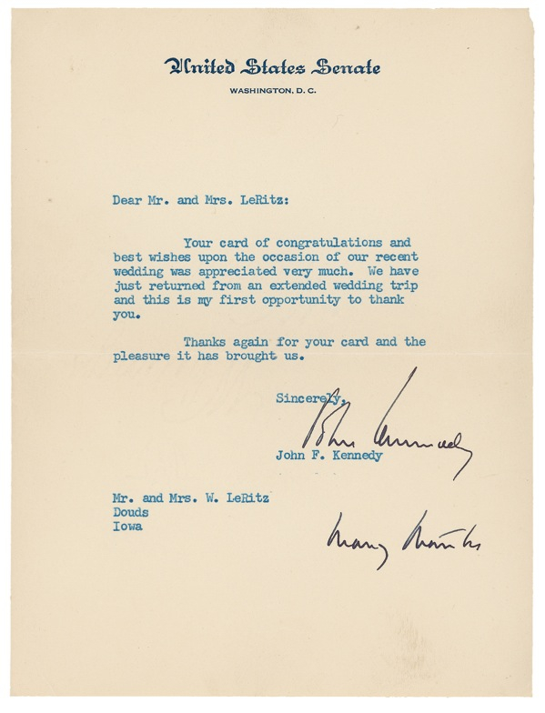 Lot 86 John F. Kennedy: Kennedy the newlywed sends his thanks