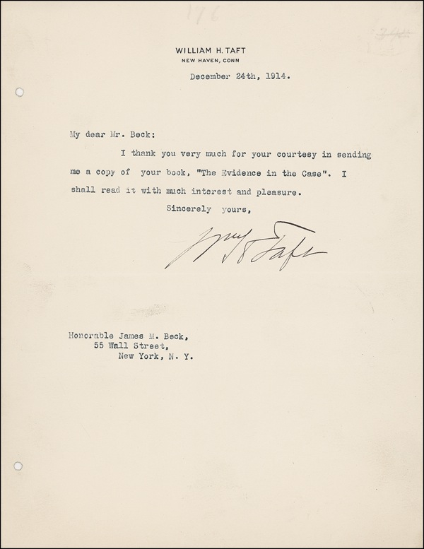 Lot 140 William H. Taft Typed Letter Signed