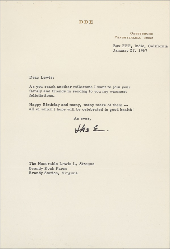 Lot 46 Dwight D. Eisenhower: Birthday greetings for the controversial former head of the Atomic Energy Commission
