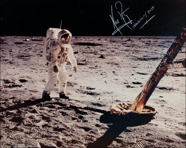 Lot 411 Neil Armstrong: GIANT LEAP FOR MANKIND: Oversized Apollo 11 Tranquility Base photo signed by ARMSTRONG, with exceptional provenance