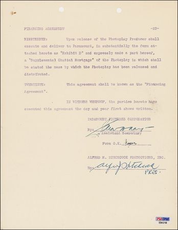 Lot #940 Alfred Hitchcock Signed Document - Image 3