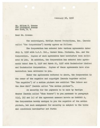 Lot #1020 Marilyn Monroe: “SHOWGIRL”—AND BUSINESSWOMAN: Marilyn puts up a copy of The Prince and the Showgirl as security - Image 3