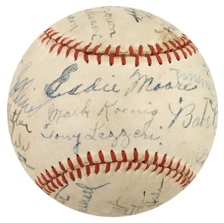 Lot #1396 Ruth, Gehrig, and Foxx: SUPERIOR SPHERE: 1927 ball signed by RUTH, GEHRIG, and FOXX - Image 1