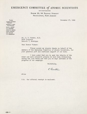 Lot #211 Albert Einstein: Promoting postwar peace: A year after Hiroshima, Einstein sends thanks on behalf of the Emergency Committee of Atomic Scientists - Image 1