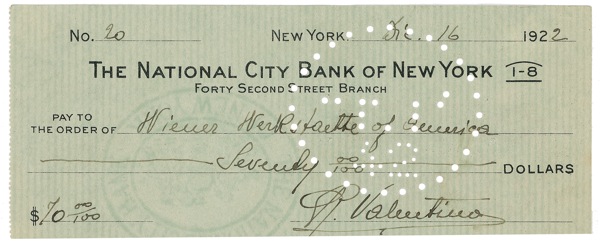 Lot 905 Rudolph Valentino: Design in mind: Valentino writes a check to the renowned Wiener Werkstaette
