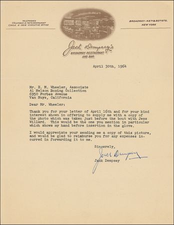 Lot #1065 Jack Dempsey and Gene Tunney: Dempsey and Tunney boxing letters, one mentioning a photo ?just before the bout with Jess Willard.? - Image 1