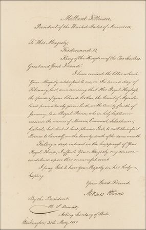 Lot #46 Millard Fillmore: ?THIS MOURNFUL EVENT?: Fillmore sends condolences upon the death of an infant prince - Image 1