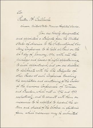 Lot #18 Grover Cleveland: ?TO PREVENT THE RETURN AND SPREAD OF THE CHOLERA?: Cleveland appoints a delegate to an international Sanitary Conference - Image 1