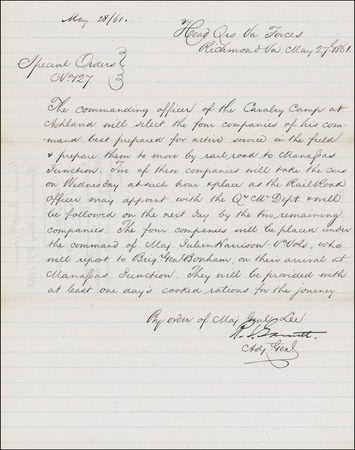 Lot #278 Robert S. Garnett: “BY ORDER OF MAJ. GEN’L LEE”: Scarce early war-dated order from the first general to die in the Civil War - Image 1