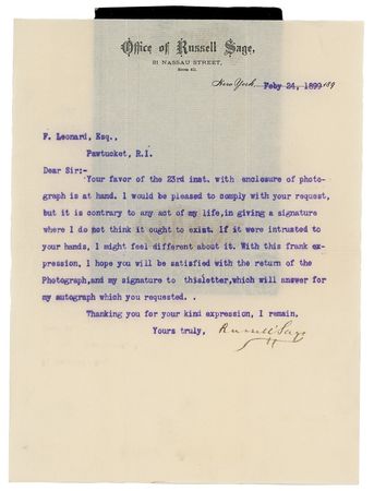 Lot #230 Russell Sage Typed Letter Signed - Image 1